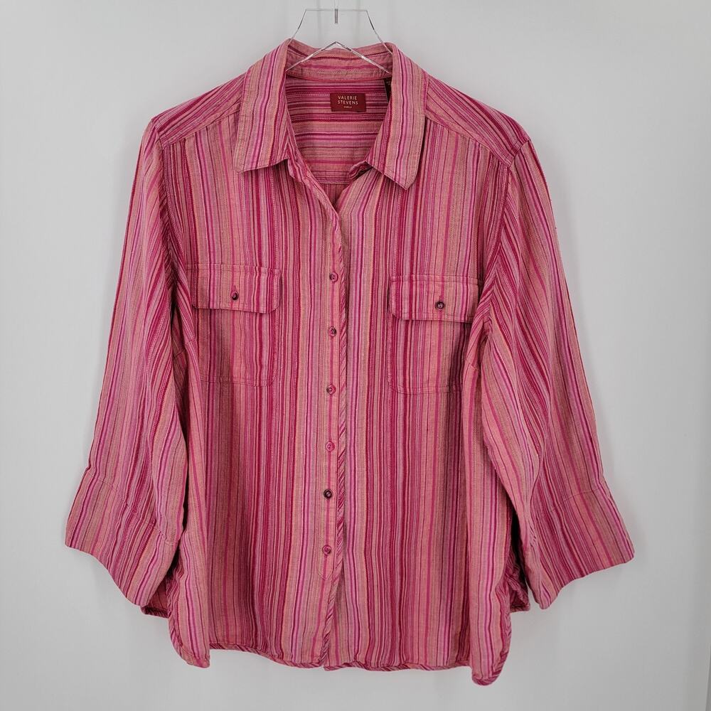 Valerie Stevens Shirt Womens 2X Linen Stripe Button Up Pink Coastal Casual